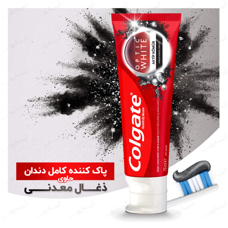 تصویر بسته‌بندی خمیردندان زغالی کلگیت Optic White