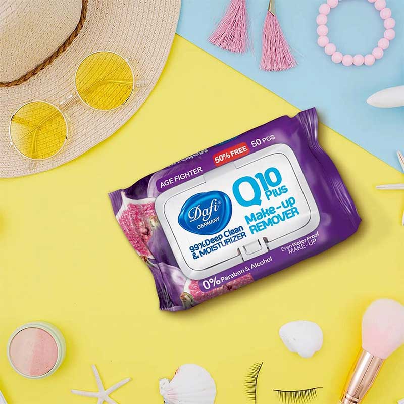 دستمال مرطوب پاک کننده آرایش دافی مدل q10 plus بسته 50 عددی