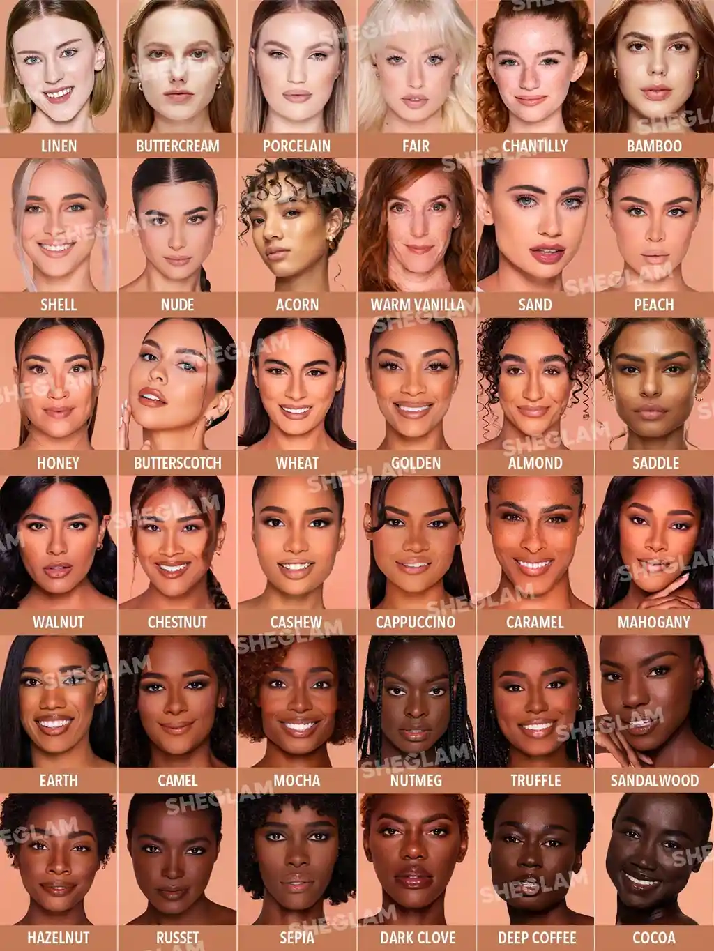 جدول رنگ‌بندی کرم پودر شیگلم Complexion Pro شامل تناژهای Warm، Neutral و Cool برای انتخاب بهترین رنگ متناسب با پوست روشن، گندمی، سبزه و تیره