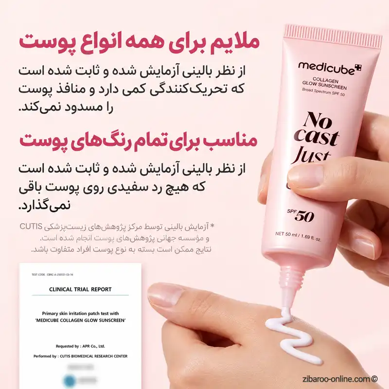 بافت کرم ضد آفتاب مدیکیوب کلاژن سبک، بدون رد سفیدی و غیرکومدوژنیک